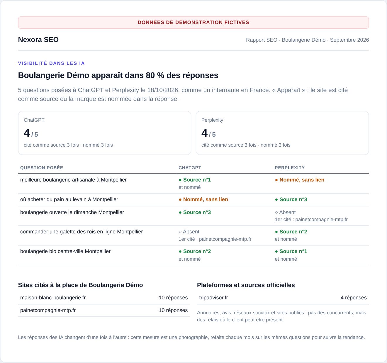 Page « Visibilité dans les IA » d'un rapport Nexora : part des réponses où le client apparaît, détail par question et sites cités à sa place